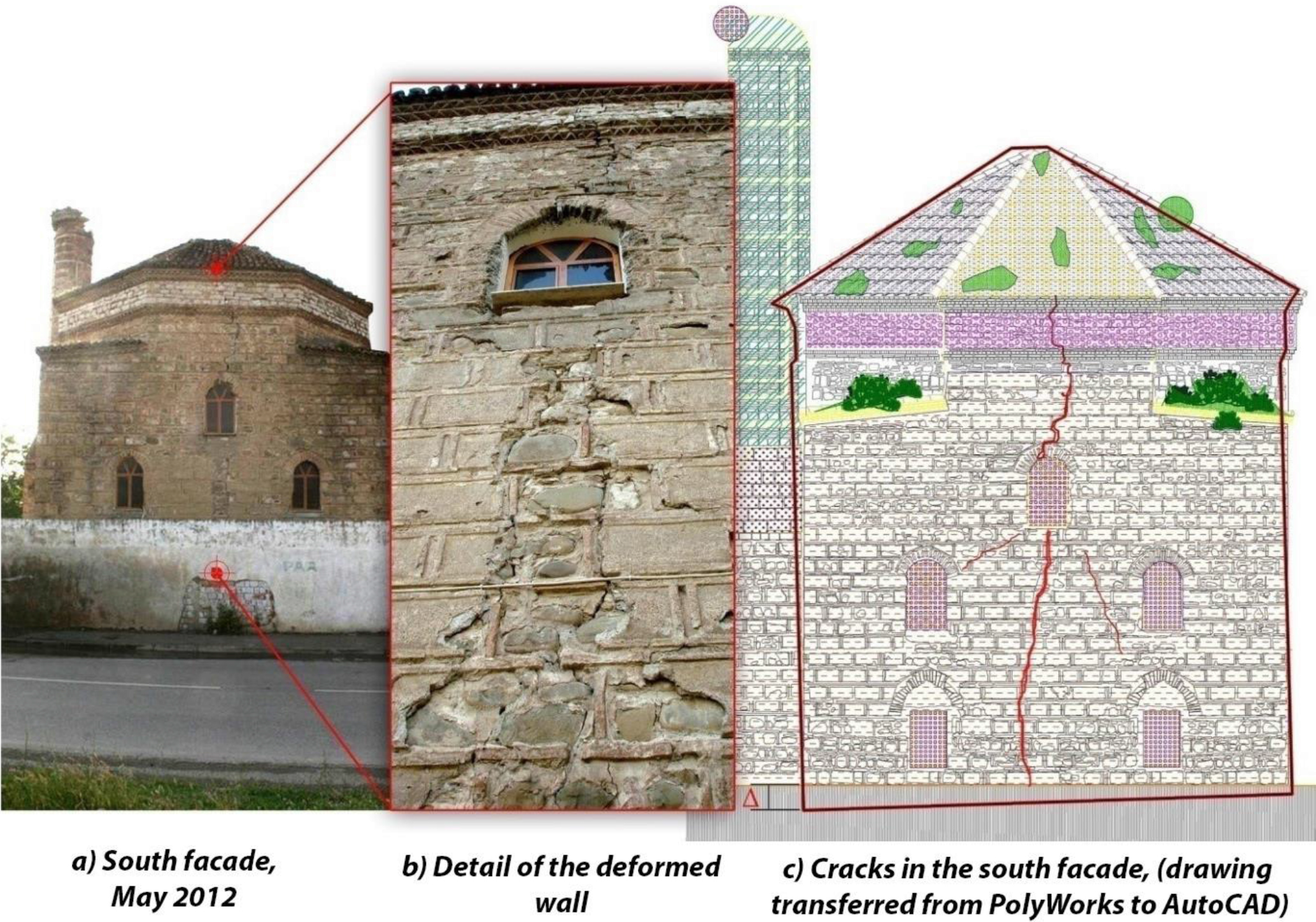 Cracks due to differential settlement (d = 18 cm) in the south façade (May 2012).