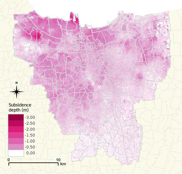 Spatial distribution of projected total land subsidence over the period 2012–2025.