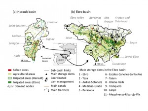 Location, main water uses and water management characteristics of (a) the Herault and (b) the Ebro basins. In the Herault basin, 6 sub-basins matching 6 demand nodes were defined. In the Ebro basin, 20 sub-basins were selected for the simulation of water resources and 8 demand nodes matching the main irrigation systems were defined.