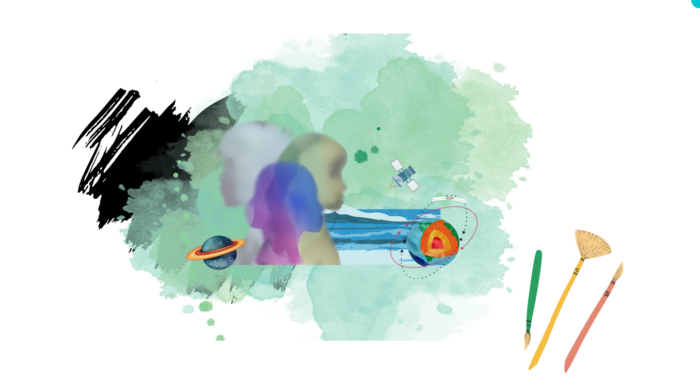 A graphical illustration in watercolour optic with human silhouettes in different colours, and several smaller elements such as an ocean and a satellite.