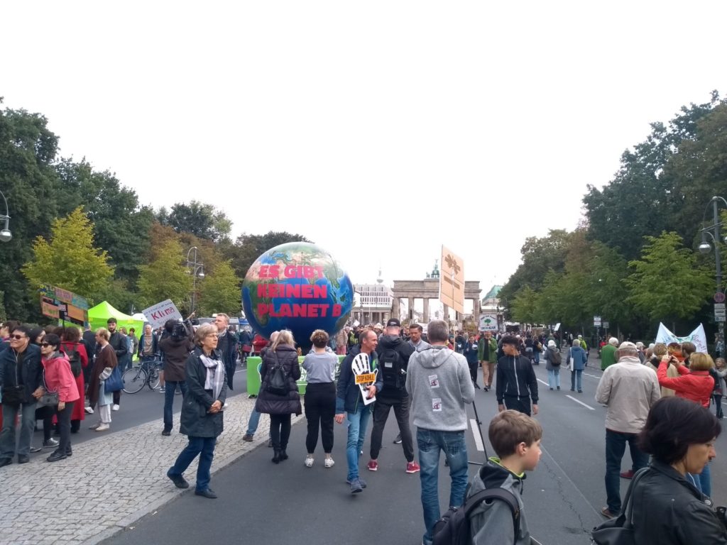 Protestors near the Brandenburg Gate in Berlin.
