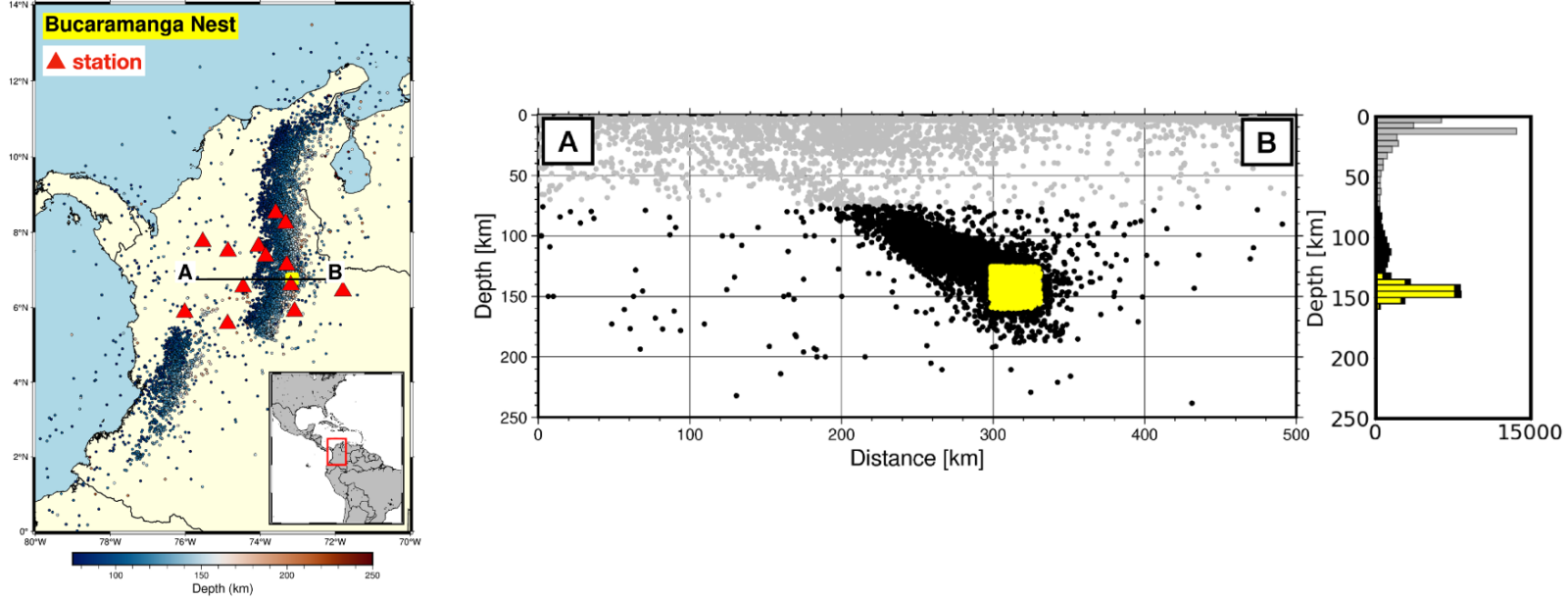 Seismicity in and around Bucaramanga Nest. Earthquake and station data from Servicio Geológico Colombiano. (Image Credit: Ayako Tsuchiyama)