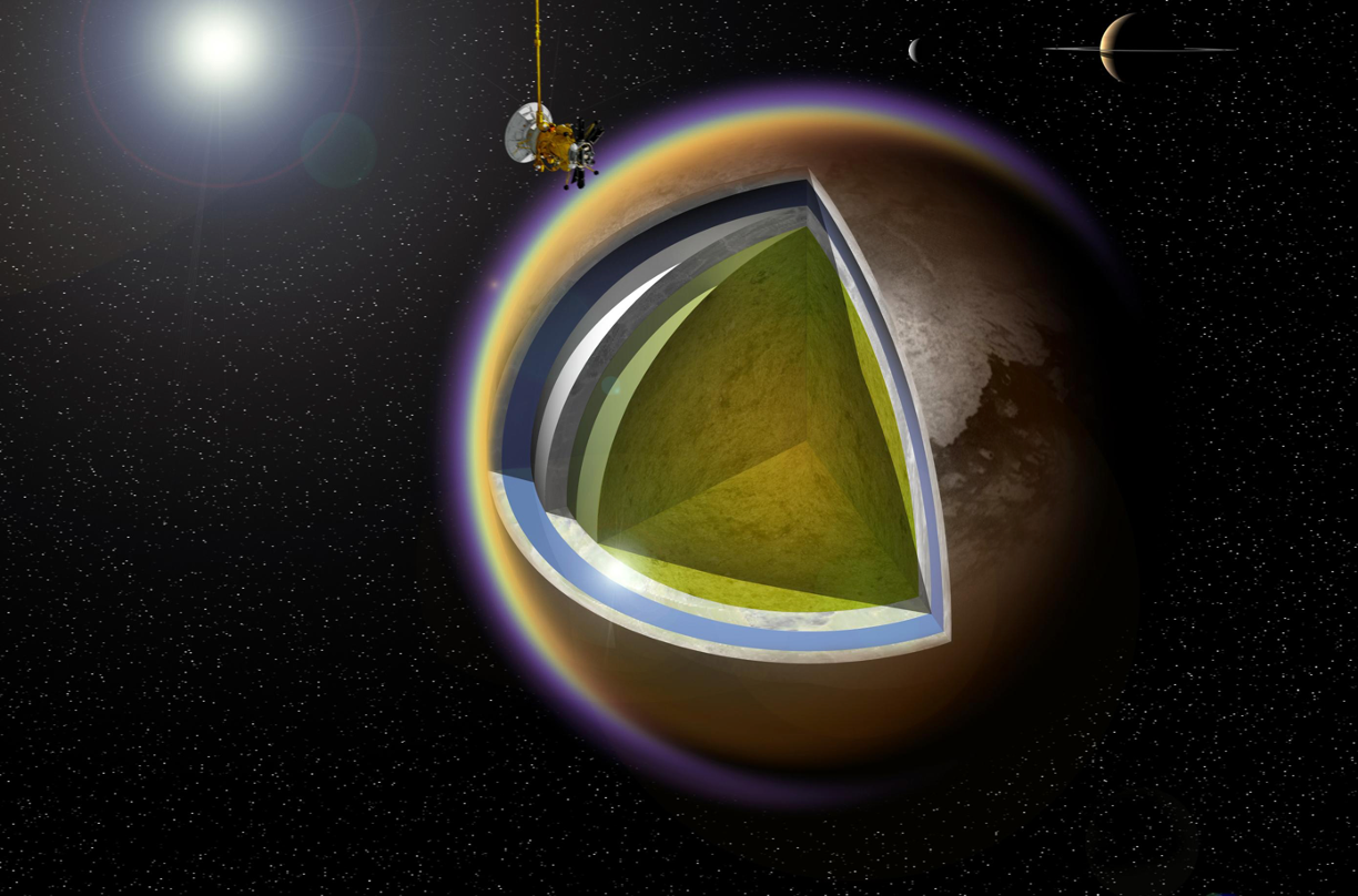 Artist's concept of the internal structure of Titan. Ayako plans to study the seismic data from the "Dragonfly" mission to Titan that NASA will launch in the near future. (Image credit: A. D. Fortes/UCL/STFC)