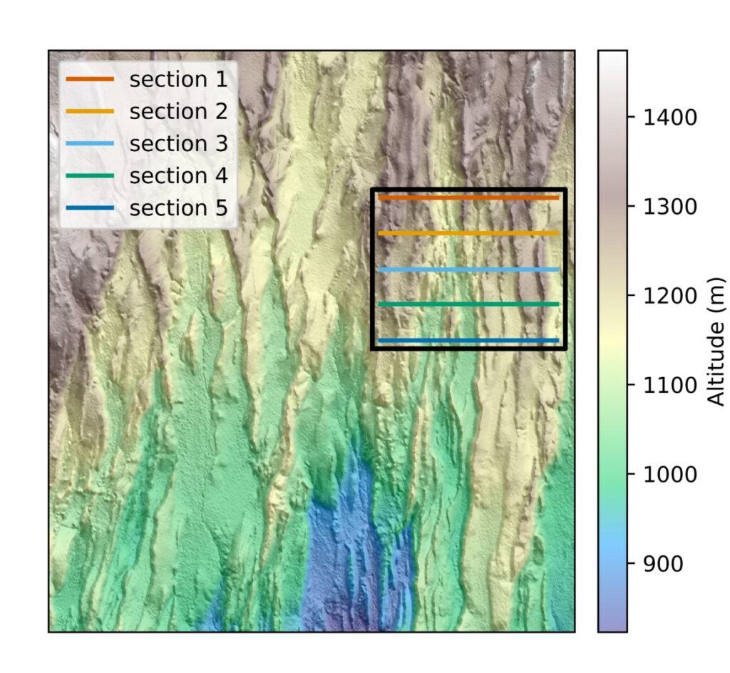 Topography on tha Magadi Natron basin, we see the faults and a terrain colormap. The cross section used later in the article are also drawn.