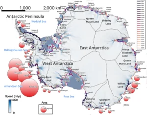 Map of Antarctica showing ice flow speeds in blue and white, with red circles of varying sizes indicating specific areas of interest across the continent.