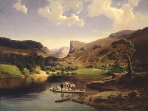 Landscape painting of a lake in a valley between hills/mountains. 