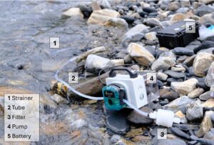 a photograph of the sampling set up: A pump device with tubes in the river, through the machine, and into sample collection equipment. 