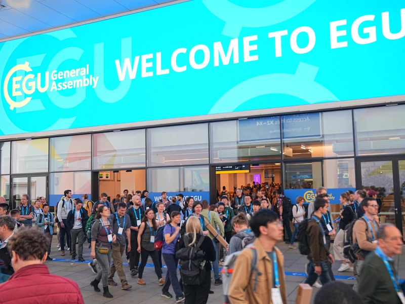 The entrance to the EGU General Assembly from a previous year. A banner over the entrance doorways reads "Welcome to EGU".