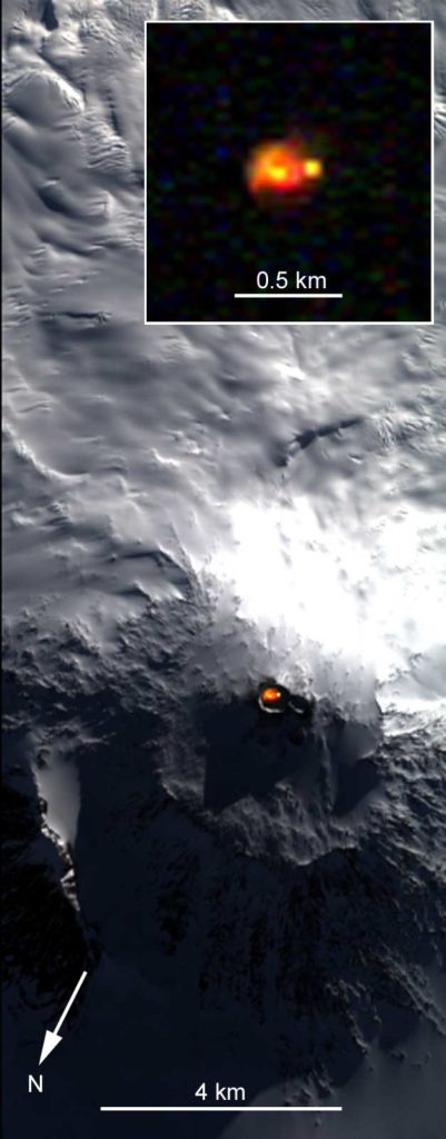 Satellite picture showing the lava lake of Mount Erebus, Antarctica