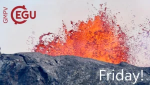 Fountain of orange glowing lava above a black volcanic crater, Fagradalsfjall, Iceland, 2021