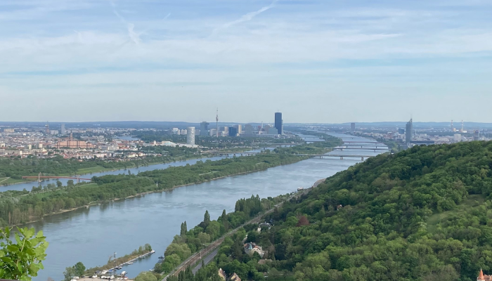 A view of the Old and the New Danube, with the Danube Island in the middle. 