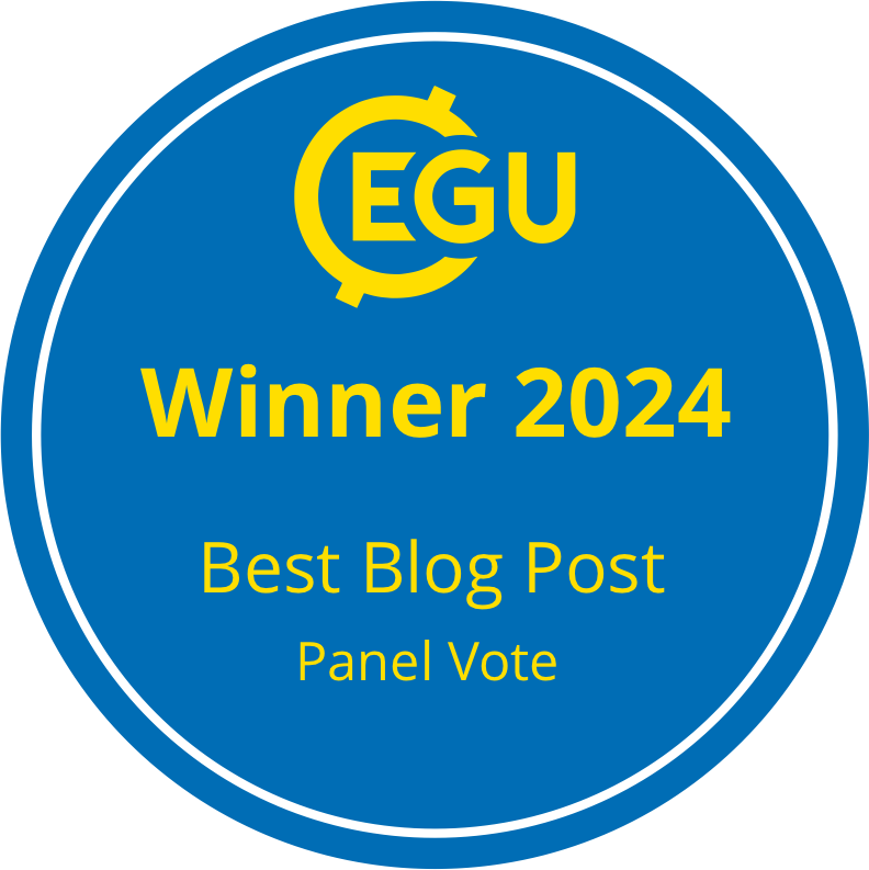 Blue circle with yellow EGU logo and yellow text saying winner 2024, best blog post, panel vote.