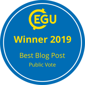 Blue circle with yellow EGU logo and yellow text saying winner 2019, best blog post, public vote.