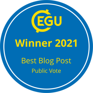 Blue circle with yellow EGU logo and yellow text saying winner 2021, best blog post, public vote.
