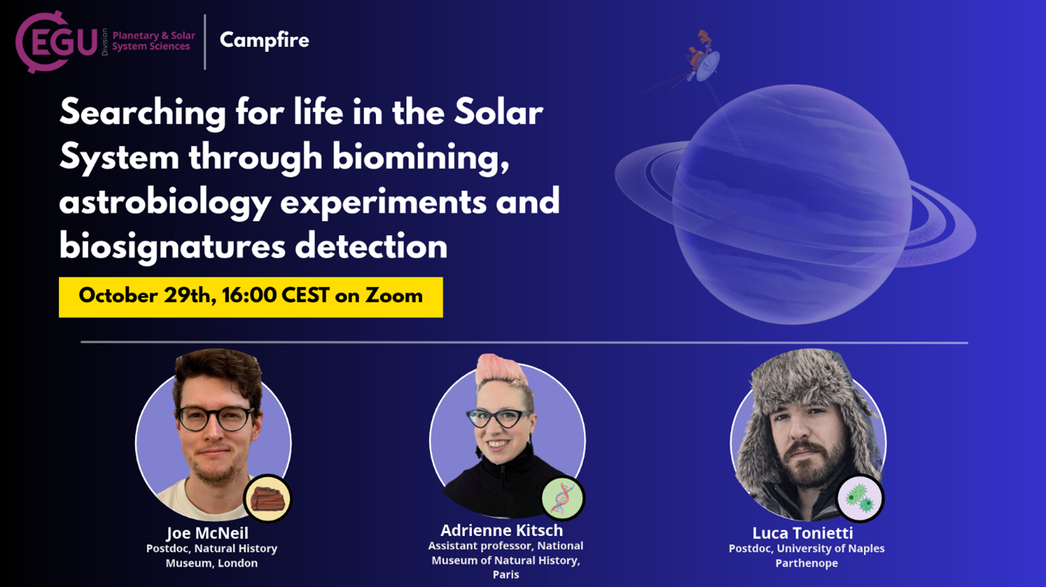 Event poster titled Searching for life in the Solar System through biomining, astrobiology experiments and biosignatures detection. It features a blue ringed planet and headshots of three people.