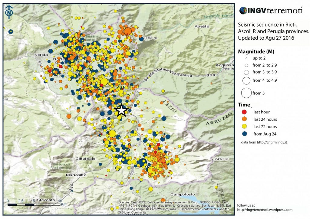 Map of the seismic sequence from Aug 24 2016 updated to Aug 27 at 18h00. The star represents the event of magnitude 6.0 occurred on 24 Aug at 3h32. Modified from https://ingvterremoti.wordpress.com/2016/08/27/sequenza-sismica-tra-le-province-di-rieti-perugia-ascoli-piceno-laquila-e-teramo-aggiornamento-delle-ore-18-00-27-agosto/