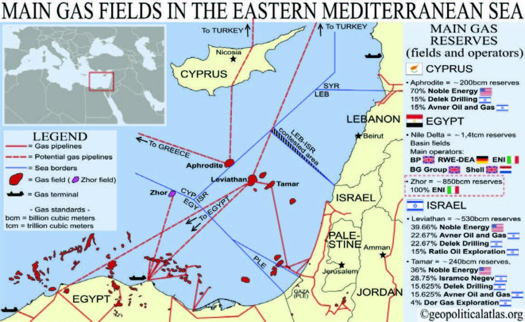 Map with the location of oil and natural gas fields in the EasternMediterranean.