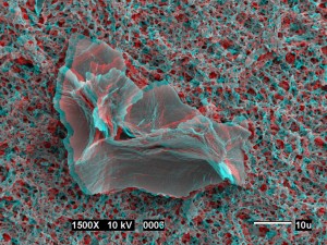 Stereo image of large soil smectite quasicrystal on cellulose filter paper. Do not tell me you threw your 3D glasses away .... Photo courtesy David Laird, USDA, ARS, National Soil Tilth Laboratory. Click to see the original source at the 'Images of Clay Archive' of the Mineralogical Society of Great Britain & Ireland and The Clay Minerals Society.