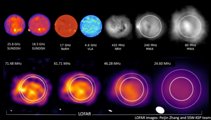 Radio images of the Sun taken by a range of radio observatories at different frequencies.