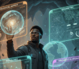 A futuristic Black geologist wearing AR glasses stands in a glowing cave surrounded by four holographic screens labeled Geological Aspect, Geometry, Topology, and Kinematics & Mechanism, each displaying geological diagrams and fracture models, symbolizing modern geoscience visualization.