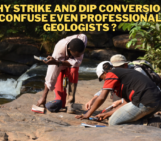 Geologists taking structural measurements in the Congo River, with the overlay title: Why Strike and Dip Conversions Confuse Even Professional Geologists?