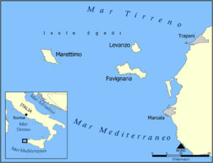 A map of the Aegadian islands in yellow on a blue background, showing the coast of Sicily to the right (East) of the image.