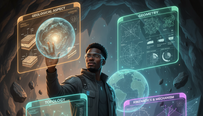 A futuristic Black geologist wearing AR glasses stands in a glowing cave surrounded by four holographic screens labeled Geological Aspect, Geometry, Topology, and Kinematics & Mechanism, each displaying geological diagrams and fracture models, symbolizing modern geoscience visualization.