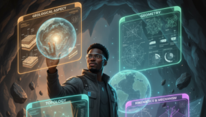 A futuristic Black geologist wearing AR glasses stands in a glowing cave surrounded by four holographic screens labeled Geological Aspect, Geometry, Topology, and Kinematics & Mechanism, each displaying geological diagrams and fracture models, symbolizing modern geoscience visualization.