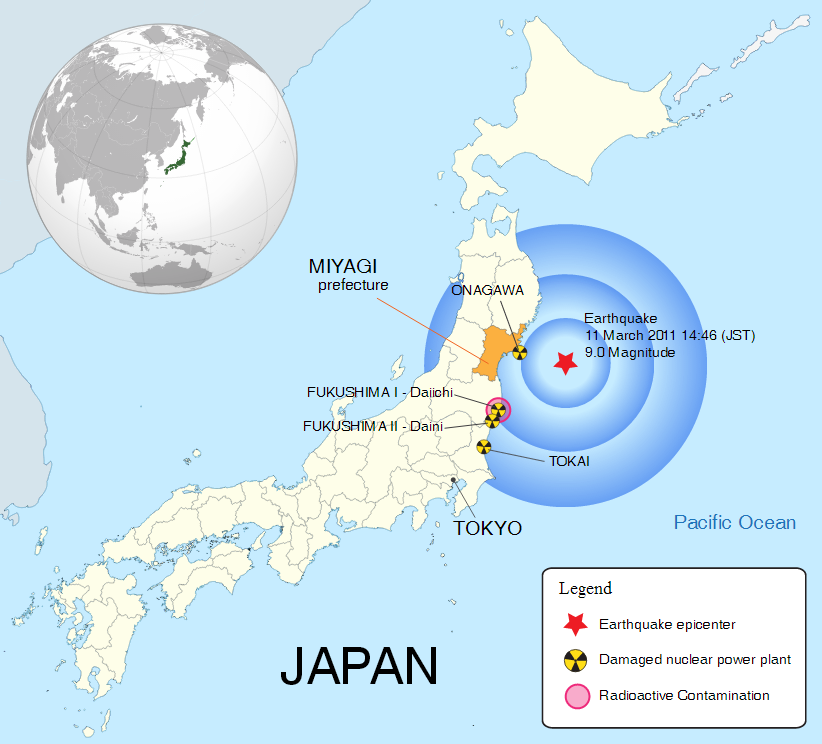 The location and impact of the March 2011 earthquake in Japan (click for larger). (Credit: Wikimedia Commons users W. Rebel and Jon C) 