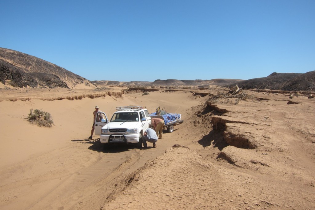 The treacherous driving conditions along the Huab River, here navigating the older river terraces. (Credit: A. Dansie)