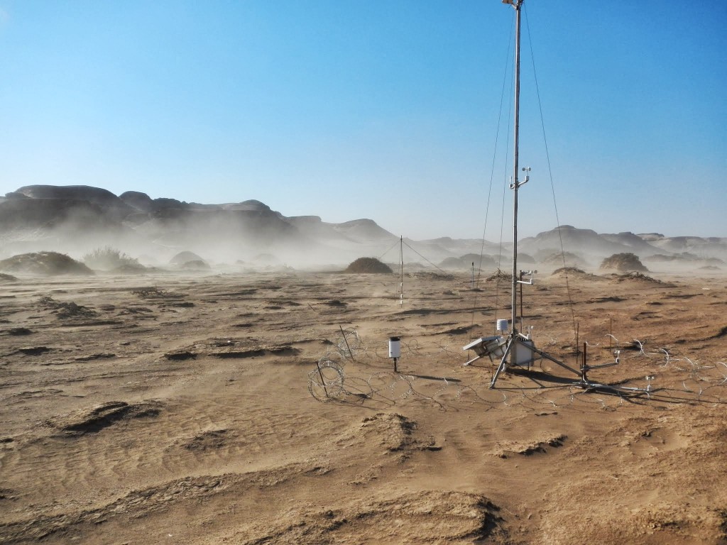 The weather station closest to the active spring. Dust emissions in the background are from a south-westerly wind never previously thought to be able to drive dust emissions. (Credit: F. Eckardt)