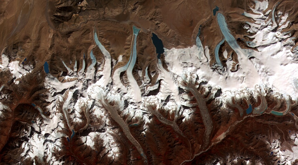 A series of glacial lakes in Bhutan. (Credit: NASA)