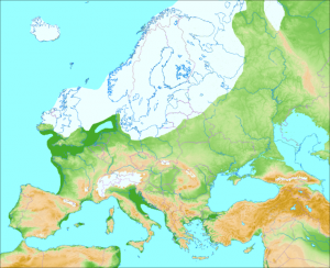 Europe during the last glaciation, approximately 20,000 to 70,000 years before present. (credit: Wikimedia Commons user Ulamm)
