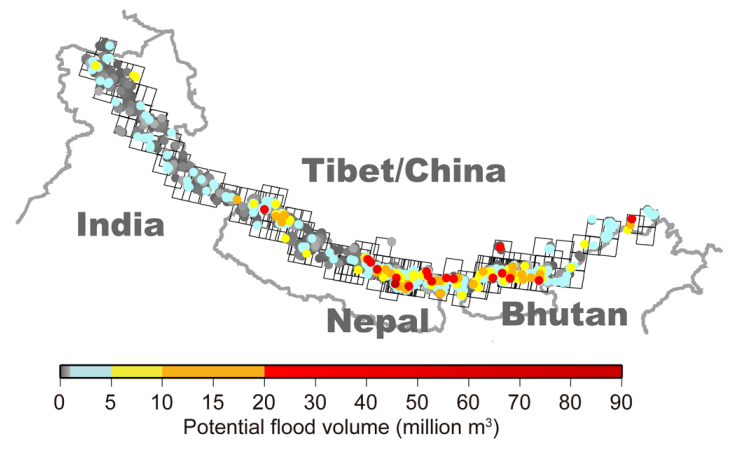 The potential flood volume of glacial lakes in the Himalayas. (Credit: Fujita et al, 2013)