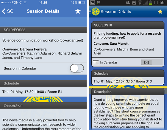 Session details listed in the iPhone (left) and Android (right) app.