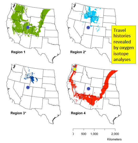 The four regions visited by ‘Saltair Sally’ prior to her death. The blue dot marks Salt Lake City. Oxygen isotopes in her hair were used to track her movements.