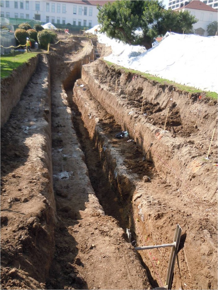 Trench excavated in front of the school. No evidence of past earthquakes was found in the trench. (Credit: Eldon Gath)