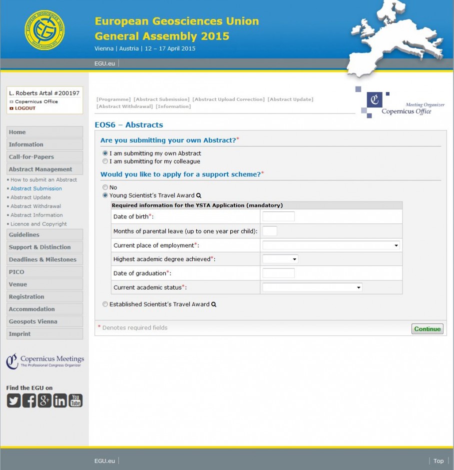 The abstract submission page (click for larger). If you wish to apply for financial support, please select the relevant support box.