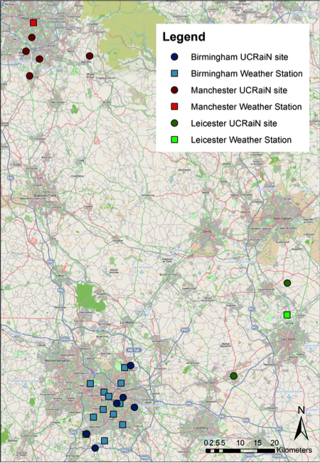 Map showing the locations of the participating UCRaiN sites (schools and individuals). The meteorological sites used for comparison are shown by the square symbols (Photo Credit: Illingworth, et al.)