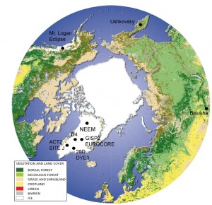 NEEM camp position and representation of boreal vegetation and land cover between 50 and 90 N. Modified from the European Commission Global Land Cover 2000 database and based on the work of cartographer Hugo Alhenius UNEP/GRIP-Arendal (Alhenius, 2003). From Zennaro et al., (2014).
