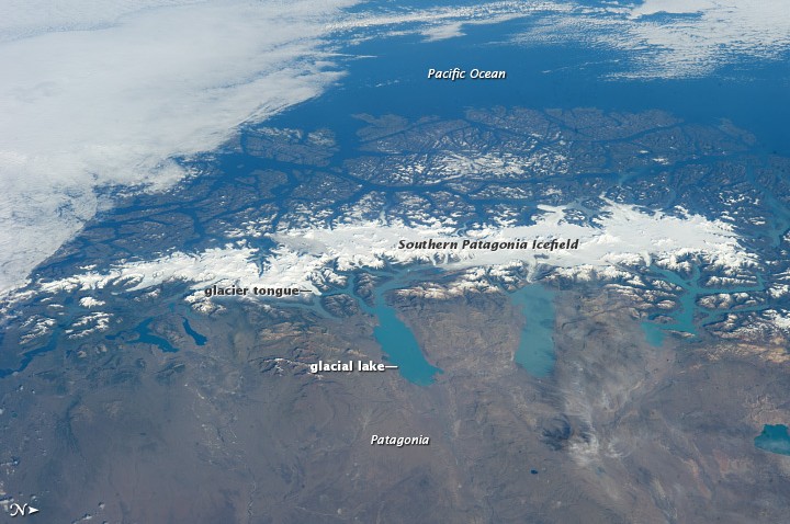 Southern Patagonia Ice Field. Credit: Astronaut photograph ISS038-E-47324 was acquired on February 13, 2014, with a Nikon D3S digital camera using a 65 millimeter lens, and is provided by the ISS Crew Earth Observations Facility and the Earth Science and Remote Sensing Unit, Johnson Space Center. The image was taken by the Expedition 38 crew. It has been cropped and enhanced to improve contrast, and lens artifacts have been removed.