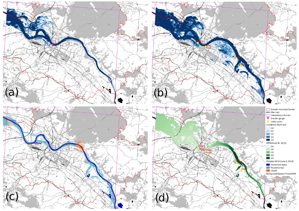 Inundation maps and inundation depths derived from online water level observations (a) and social media content (b) ; inundated area derived from the reference remote sensing flood footprint (c) ; and differences between inundation depths for overlapping areas in scenarios (a) and (b) (panel d ). J. Fohringer et al. (2016))
