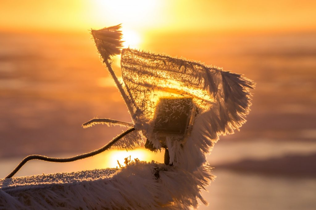  'Frozen angel'. Credit: Mikhail Varentsov (distributed via imaggeo.egu.eu). Go-Pro camera, covered by hoarfrost, at sunrise, looks like fantasy-style angel with sword and banner. Photo made during NABOS-2015 expedition.