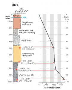 BM2 sedimentary profile and age–depth model interpo- lated curve. Dates on the core obtained via radiocarbon dating (for method and age detials, please see the paper). From B. Gambin et al. (2016). 