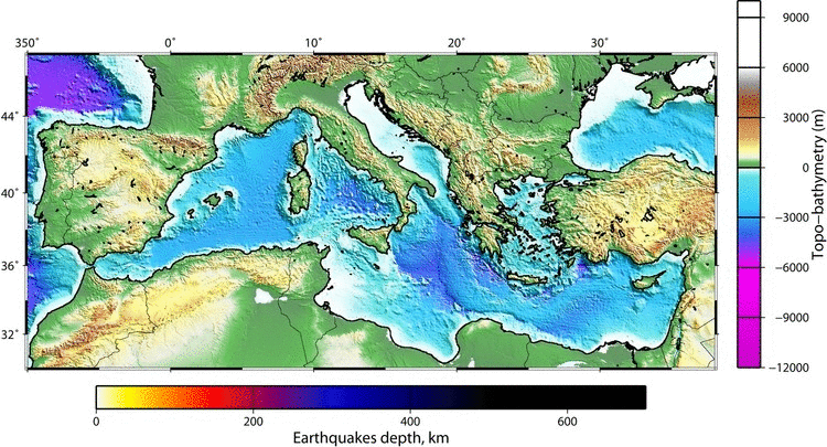 Bathymetry, volcanoes (green triangles), and earthquakes in the Mediterranean area. SubMap: Arnauld Heuret, Jérôme Losq and Serge Lallemand