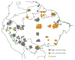 Geographic distribution of 147 study sites across the Amazon Basin, according to the different soil groups. Each point is a 1 hecatre plot. Orange dots (dominantly in the eastern Amazon) represent low-activity clays, grey dots (dominantly in the western and central Amazon) represent high activity clays, yellow dots (no dominant pattern) represent arenic or sandy soils.