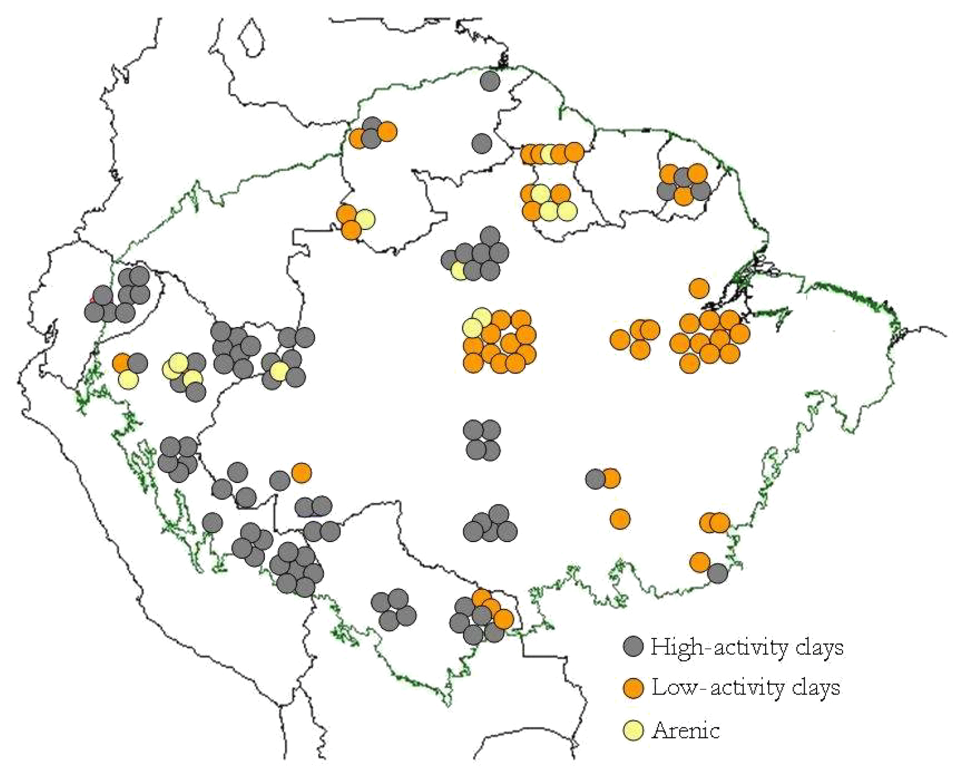 Geographic distribution of 147 study sites across the Amazon Basin, according to the different soil groups. Each point is a 1 ha forest inventory permanent plot. Geographical locations have been manipulated in the map to allow visualisation of site clusters at this scale.