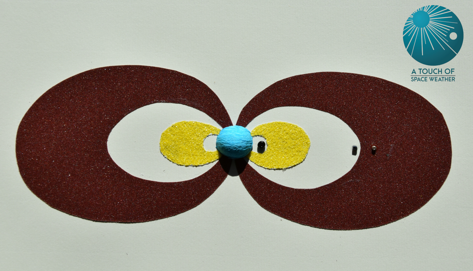 Small blue ball with even sized yellow and brown circles radiating from the centre