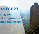 EGU cover for EGU23 (view between two rock outcrops with a river in the background) blue text in front that reads 'how to EGU23: using your personal programme to schedule the week'