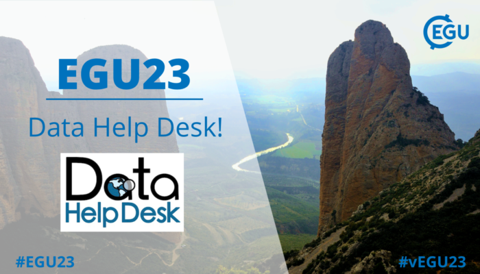 EGU two rocks with a river between image with text EGU23 data Help desk and the Data Help Desk logo